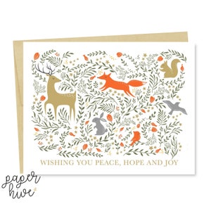 Woodland animals holiday card set, peace, hope and joy greeting cards