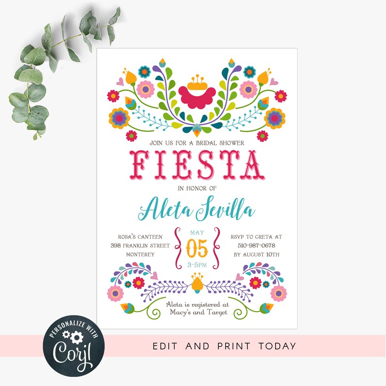 Fiesta bridal shower invitation, Mexican floral printable invitation template Corjl 