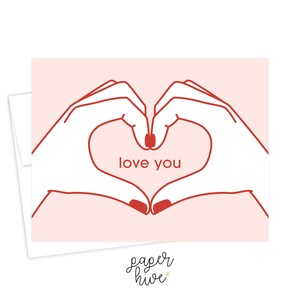 carta d'amore moderna, biglietti d'auguri con le mani del cuore, carta ti amo