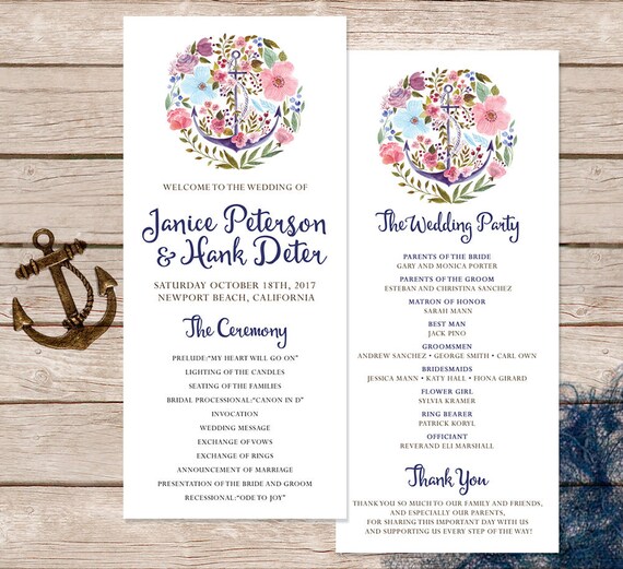 Nautical Wedding Program Wedding Programs Floral Wedding Etsy