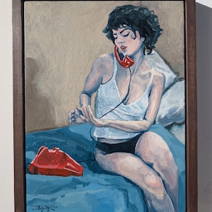 The Red Phone – Vintage Inspired Oil Painting, Modern Woman Portrait, Original artwork