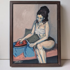 Pintura al óleo original: Mujer planchando, arte figurativo femenino sobre lienzo