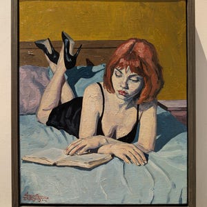 Original Oil Painting Woman Reading in Bed, Figurative Bedroom Wall Decor, Hand Painted Artwork