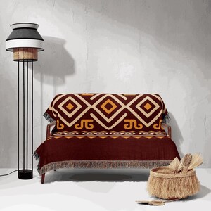 Boho Cotton Throw Blanket, Tribal Diamond Pattern (Burgundy & Gold)