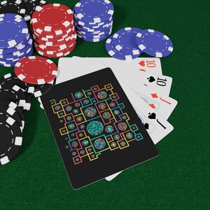 May include: A poker game setup with playing cards and poker chips. The cards show the number 10 in different suits. A black card with a colorful geometric design is in the foreground. Stacks of red, blue, and black and white chips are visible.
