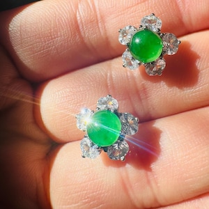Elegant Imperial Icy Green Jadeite Flower Stud Earrings | 100% Natural Untreated (Type A) Jadeite