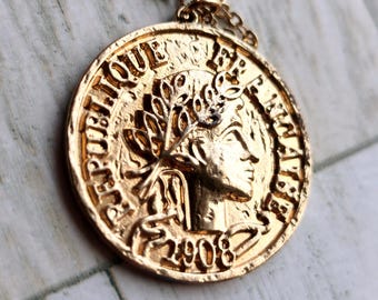 Vintage Style French Republic Coin Replica Pendant Necklace,Vintage,Gold Tone Marianne 1908 Medallion, Retro France Jewelry Charm