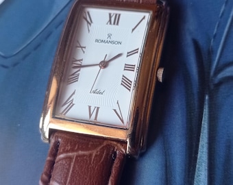 Reloj suizo Romanson Adel para hombre / Chapado en oro de 23 quilates / Números romanos clásicos / Calidad suiza / Estilo vintage