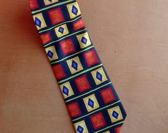 Cravate Ancienne En Soie Marks And Spencer - Motif Fleurs Marine Et Jaune - Occasion - Pour Homme