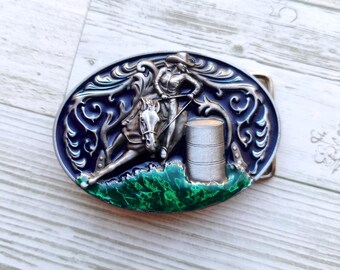 Hebilla de cinturón vintage de vaquero occidental con esmalte, hebilla de carreras de barriles de rodeo, accesorio occidental plateado, regalo de vaquero coleccionable, estilo retro occidental
