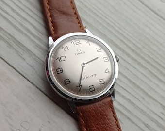 Vintage Timex Q Men’s Quartz Watch 1970s | Classic Minimalist Silver Dial Wristwatch with New Brown Leather Strap, Retro Gift for Collectors