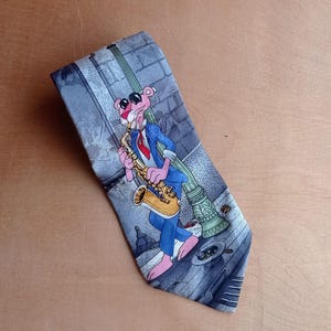 Vintage Pink Panther Tie Rack Silk Necktie Made in Italy | Rare Cartoon Collectible Men’s Accessory | Jazz Saxophone Novelty Gift