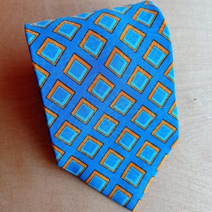 Vintage Pal Zileri Silk Necktie – Bold Abstract Diamond Pattern in Bright Blue & Orange – Made in Italy – 100 Silk Retro Accessory