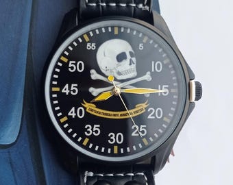 Men’s Military Quartz Watch – Spanish Army Lusitania Cavalry Regiment Skull Design, Collectible Army Timepiece, New Black Leather Strap
