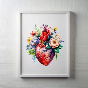 Floral Anatomical Heart Wall Art – Watercolor Heart with Flowers – Romantic Medical Print