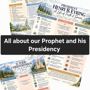Peut inclure: Un document informatif à plusieurs pages intitulé All about our Prophet and his Presidency, présentant des profils biographiques des présidents Dallin H. Oaks, Henry B. Eyring et D. Todd Christofferson avec du texte et des icônes.