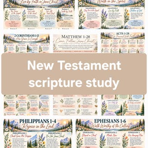 Könnte beinhalten: Eine Sammlung von Studienkarten zum Neuen Testament mit verschiedenen Büchern der Bibel, darunter Johannes, Lukas, Römer, Galater, Korinther, Matthäus, Apostelgeschichte, Thessalonicher, Philipper, Epheser und Markus mit floralen Illustrationen.