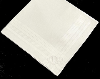 Personalized White Cotton Handkerchief-100% Cotton Classic Banded Hanky with Custom Embroidery, Monogram Wedding Handkerchief