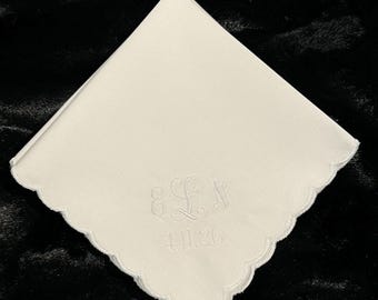 Personalized White Scalloped Cotton Handkerchief-100% Cotton Hanky with Custom Embroidery, Monogram Wedding Handkerchief