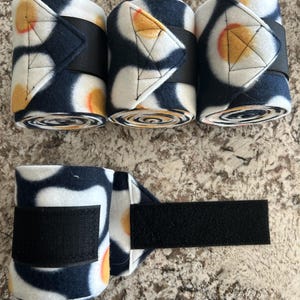 Fried Egg Horse Polo Wraps, durable, fleece fabric, high quality hook and loop, fun patterns, high quality.
