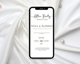 Puede incluir: Un smartphone muestra una invitación para una after-party, con el texto "After Party HAPPILY EVER" y detalles para la recepción de Anna & Alfredo el 28 de enero de 2026 a las 22:00 en Nueva York. El teléfono está sobre una tela blanca y sedosa con perlas dispersas.