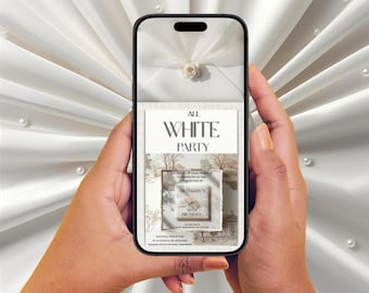 May include: A smartphone displays an invitation for an "All White Party." The invitation features elegant typography and a vintage-style illustration. The phone is held against a backdrop of white fabric with pearl accents, suggesting a formal event.