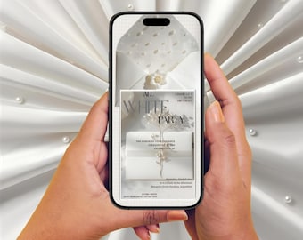 May include: A smartphone displays a white party invitation. The invitation features the text "WHITE PARTY" in large, elegant font. The invitation also includes details about the event, such as the date, time, and location. The phone is held against a white fabric background.
