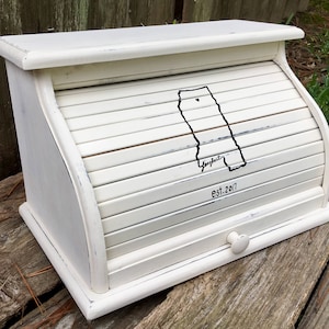 Bread box white distressed farmhouse style customized with home state and last name wedding date personalized