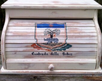 Bread box white distressed with animal crest hand painted to look worn custom designs and finished welcome