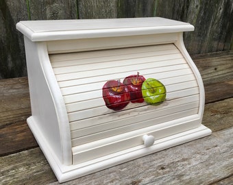 Bread box white with apples hand painted on front toll top door of bread bin can be customized