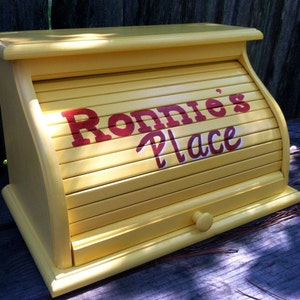 bread box yellow customized and personalized painted yellow with orange lettering customize your bread box as well food storage organizer