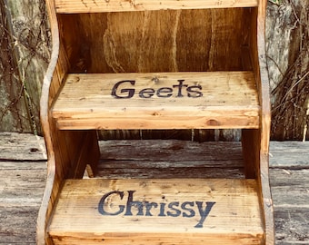 Bed steps for pets or people distressed stain wood with pets names painted on each step