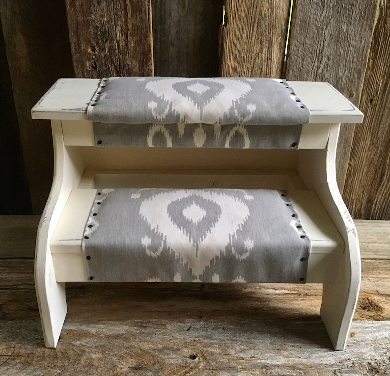 Bed steps white farmhouse distressed finish with gray fabric for pets or people customizable image 1