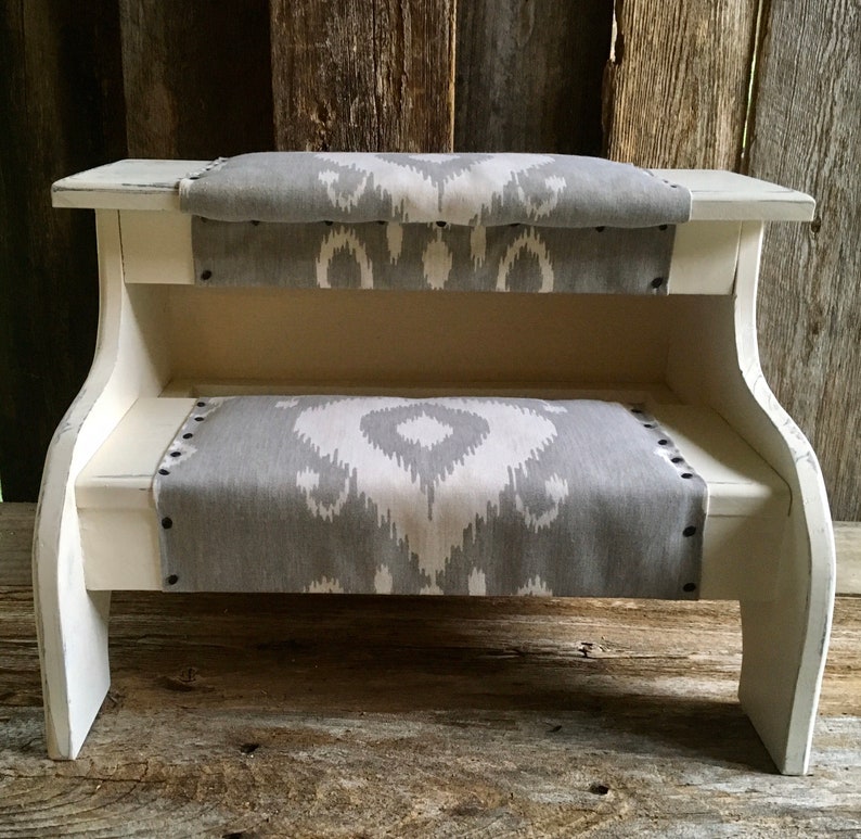 Bed steps white farmhouse distressed finish with gray fabric for pets or people customizable image 5