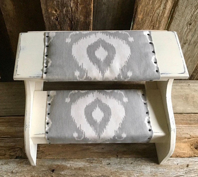 Bed steps white farmhouse distressed finish with gray fabric for pets or people customizable image 4