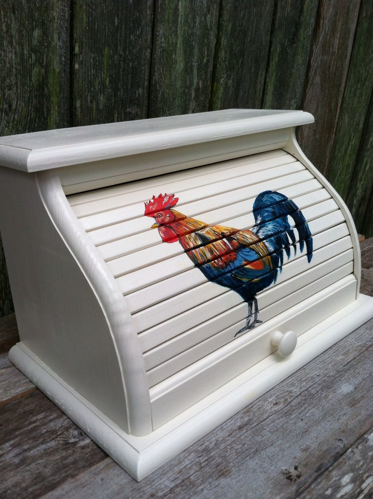 Bread box white with brightly colored rooster artistically Etsy