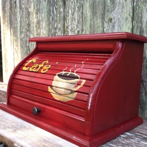 Bread box red with white coffee cup and golden lettering hand painted on front and steam rising up customizable