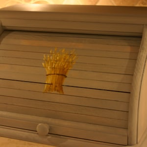 bread box hand built painted soft gray with golden wheat on the front