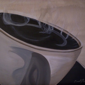 Coffee Cup in warm tones painted to the left corner of the canvas three dementional cup