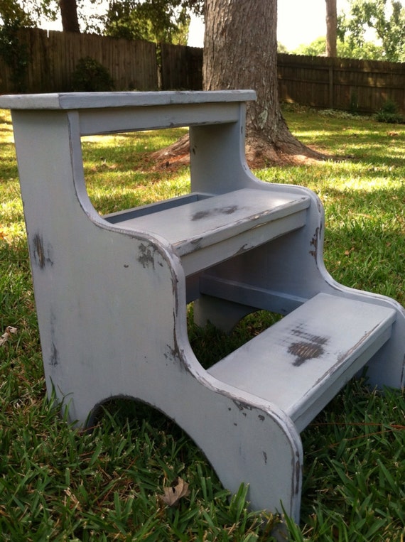 Distressed Gray Bed Steps: Farmhouse Style, Solid Wood