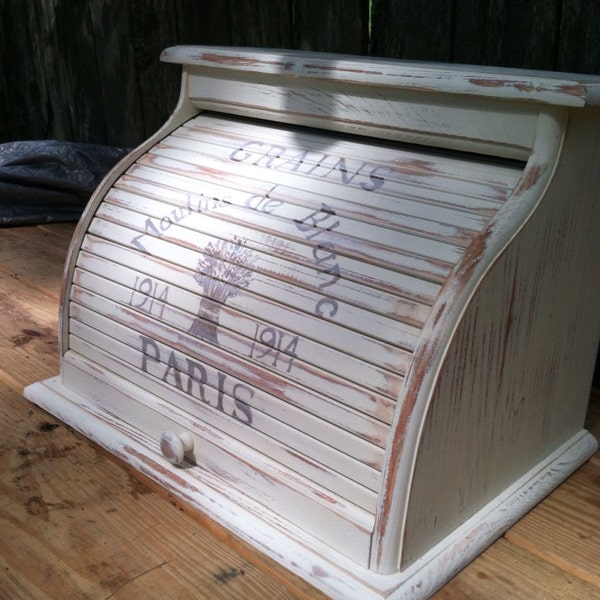 bread box Paris style antique white with lettering distressed to appear old and worn