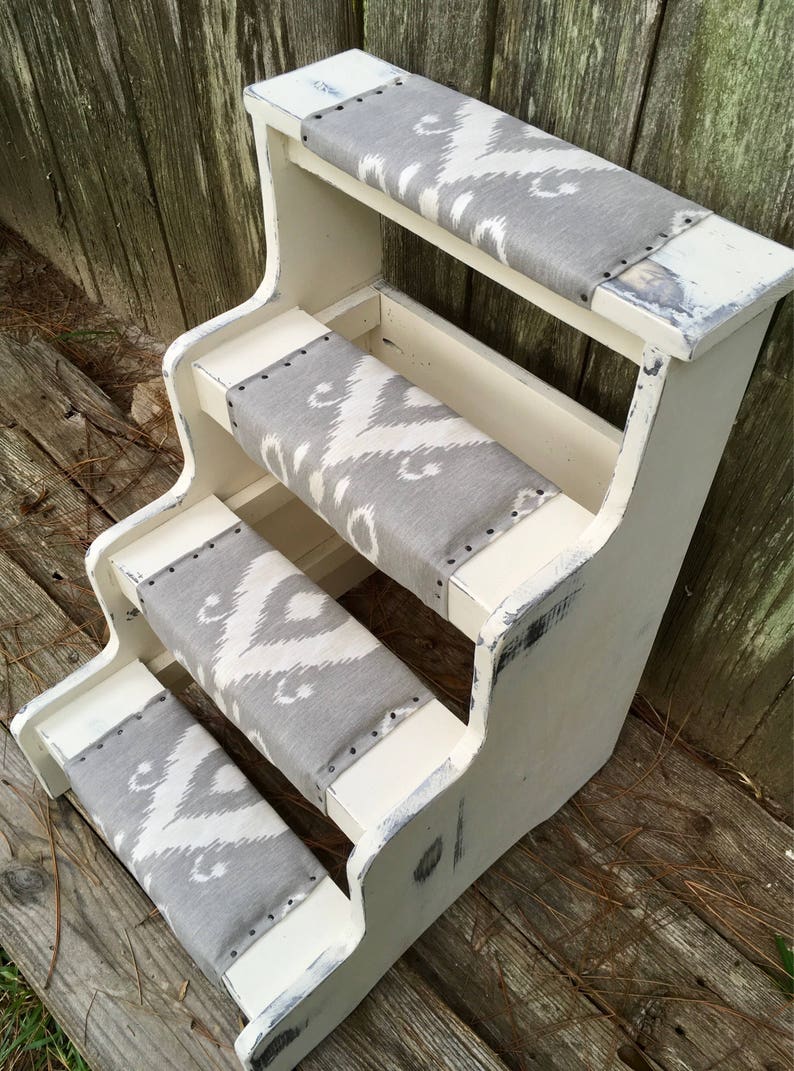 Bed Steps Wooden White Distressed Finish Gray Upholstered Step Etsy