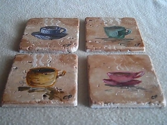 Coffee cup Coaster Set hand painted on tumbled marble
