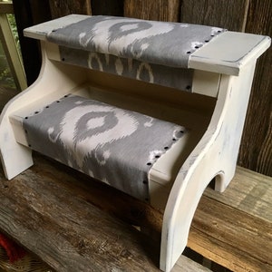 Bed steps white farmhouse distressed finish with gray fabric for pets or people customizable image 6