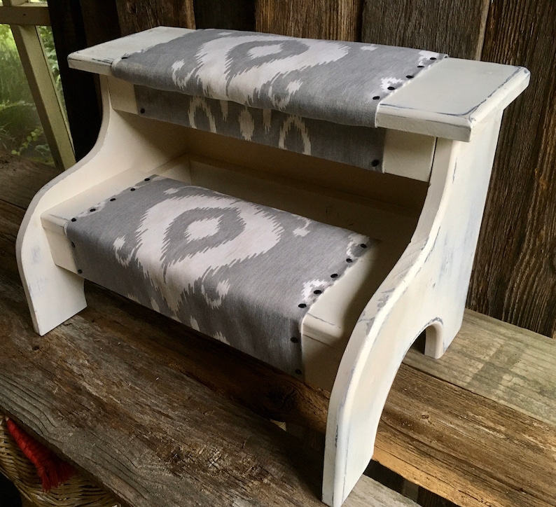 Bed steps white farmhouse distressed finish with gray fabric for pets or people customizable image 6