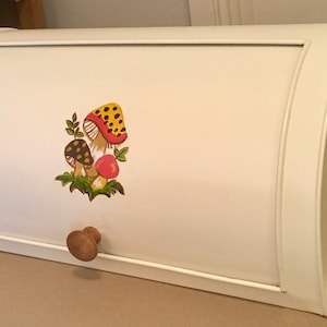 Vintage bread box metal refurbished and artfully painted in an heirloom white with hand painted mushroom design in vintage colors