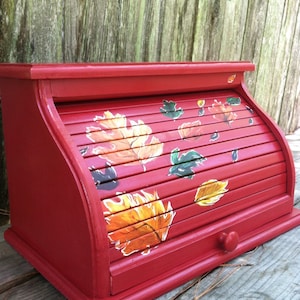 Bread Box red with fall leaves blowing in wind warm autumn colors can be customized to match your kitchen