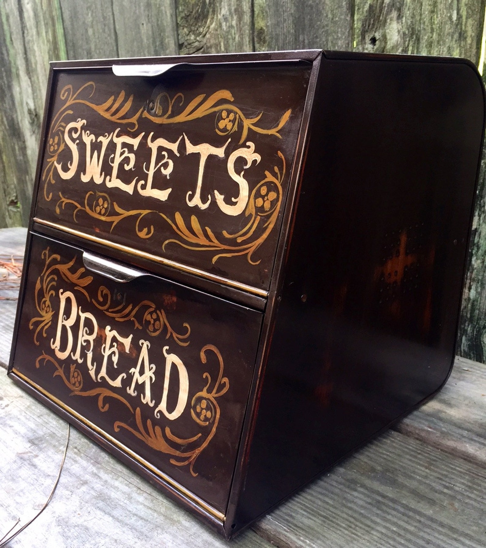 Bread Box Upcycled Retro Metal Double Door Distressed Caramel Etsy