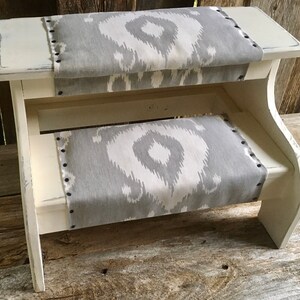 Bed steps white farmhouse distressed finish with gray fabric for pets or people customizable image 3