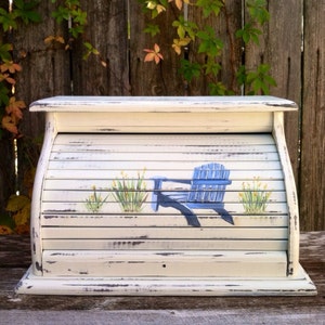 bread box in beach house style distressed antique white with blue beach chair and green sea grasses hand painted